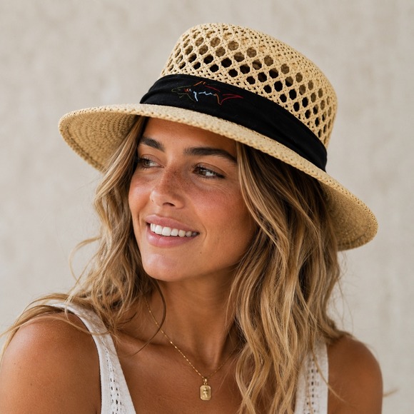 Greg Norman for Tasso Elba Accessories - Greg Norman for Tasso Elba Straw Sun Hat Tan Black Band Shark Logo OSFA